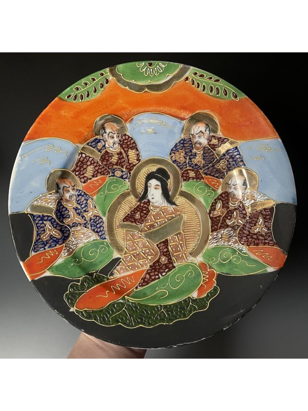 9.75" Antique Japanese Moriage Satsuma Gilt Hand Painted Immortals Display Plate